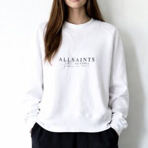 AllSaints Crisp White Cotton Fleece Logo Oversized Crewneck Sweatshirt Unisex